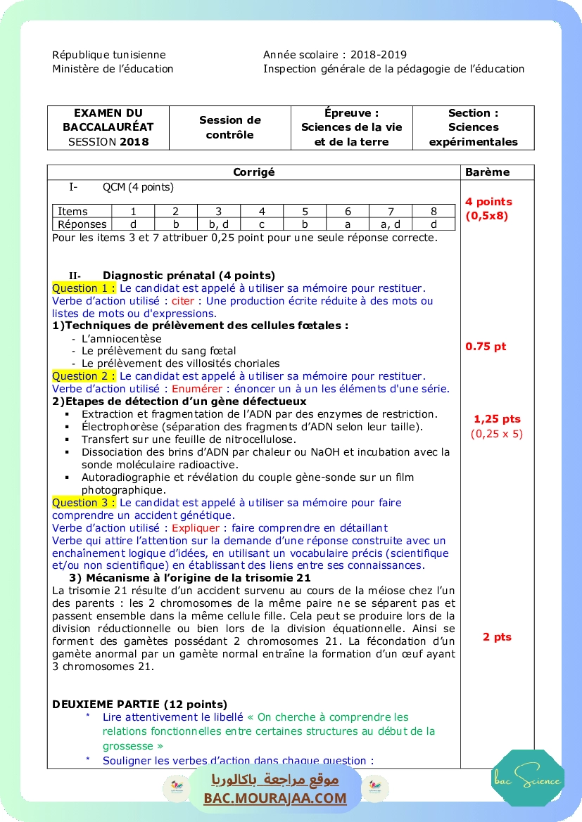 Corrigé controle svt Bac 2018 – Section science